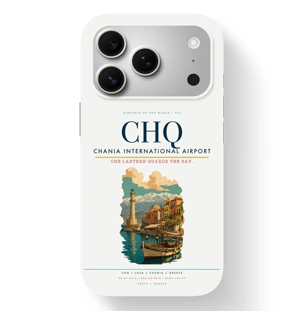 Chania Airport (CHQ) design on white iPhone 17 Pro MagSafe case