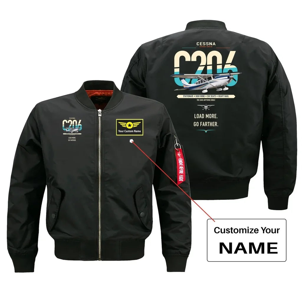 Cessna 206 Stationair design on black+name bomber jacket, double-side print