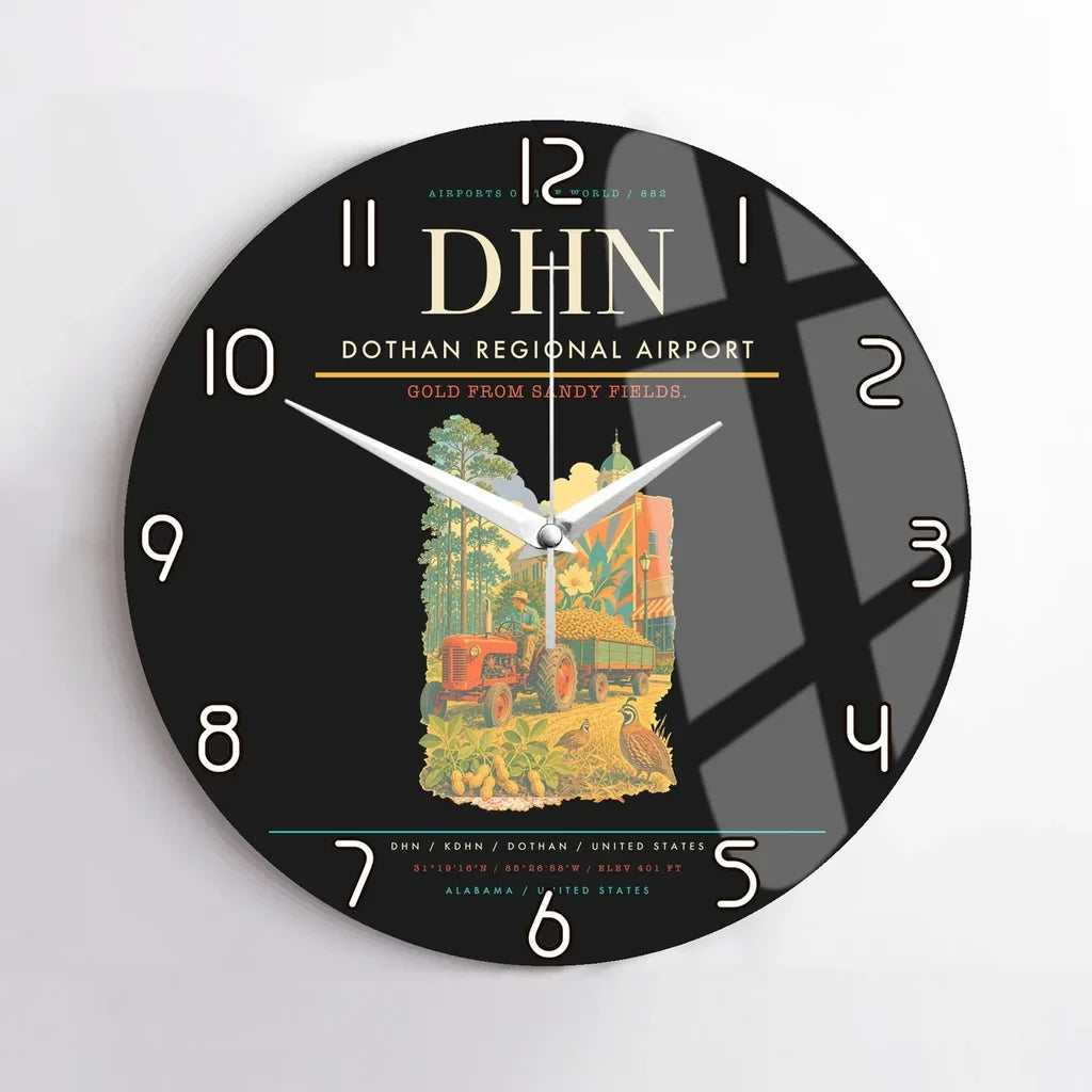 Dothan Regional Airport (DHN) design on black no frame wall clock