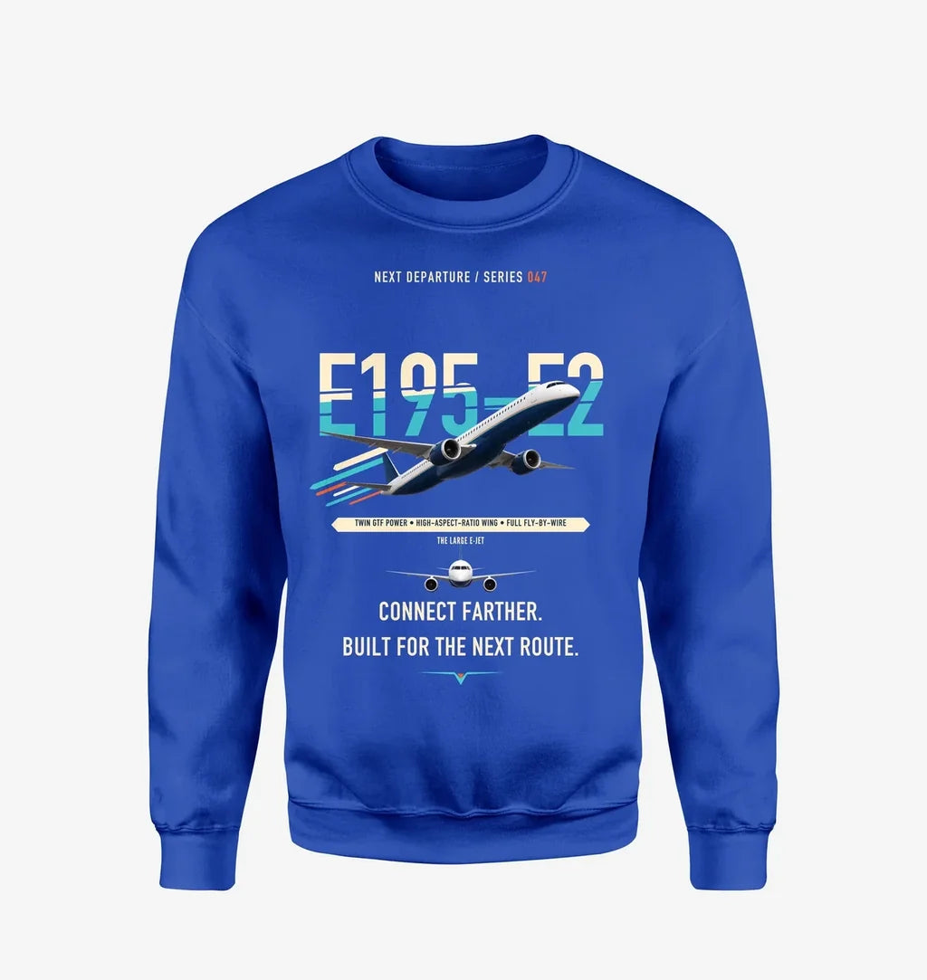 Embraer E195-E2 design on blue sweatshirt