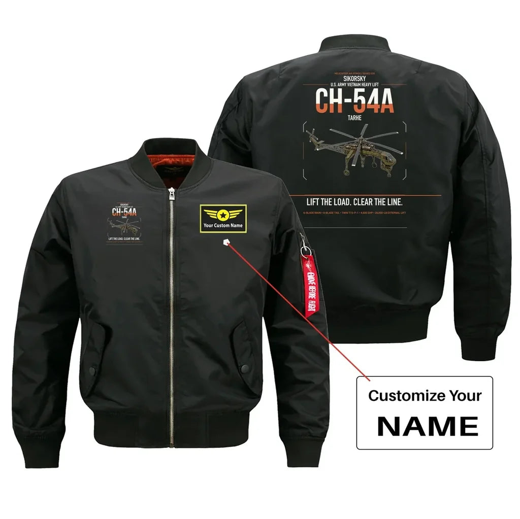 Sikorsky CH-54A Tarhe design on black+name bomber jacket, double-side print