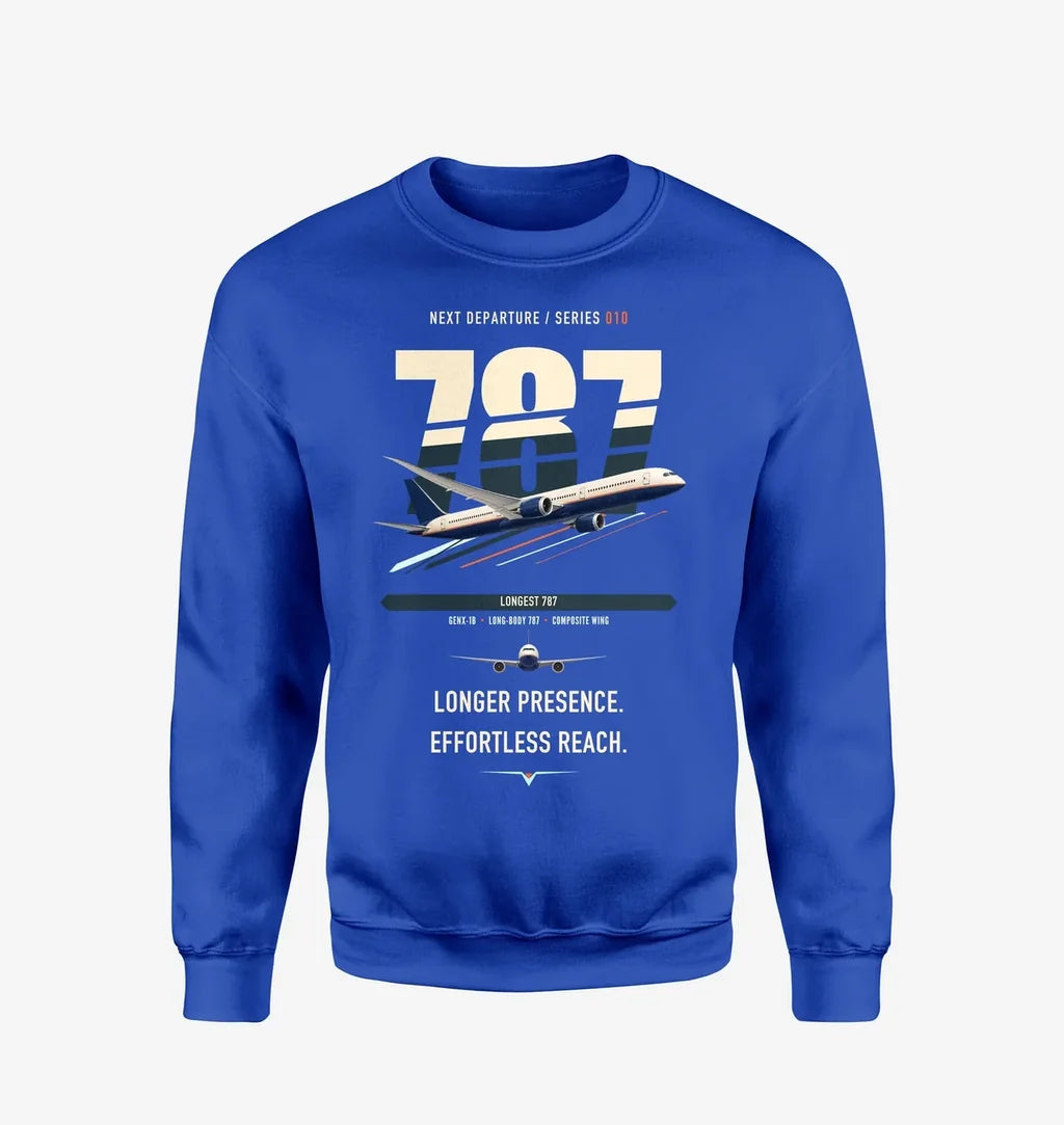 Boeing 787-10 Dreamliner design on blue sweatshirt