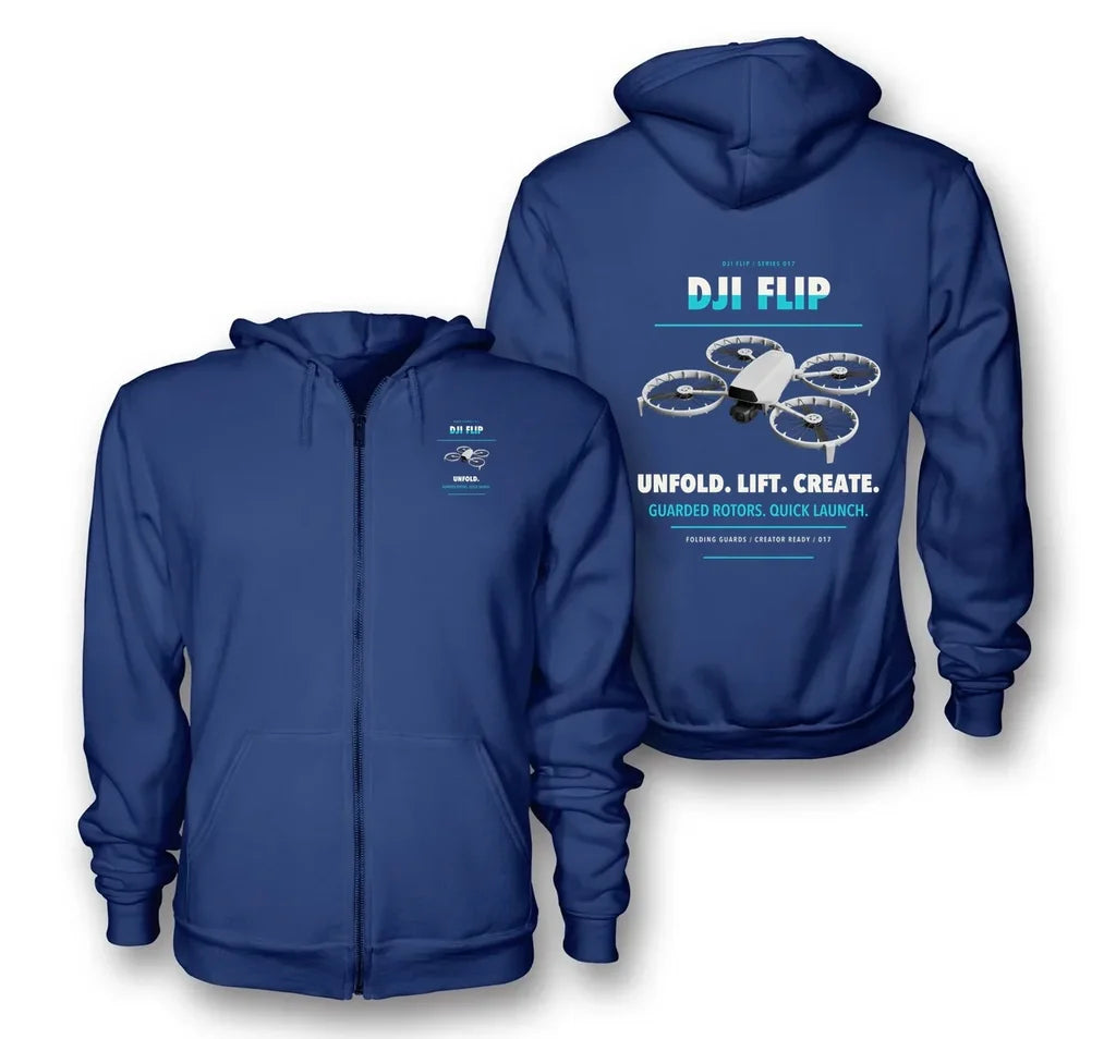 DJI Flip design on blue zipped hoodie