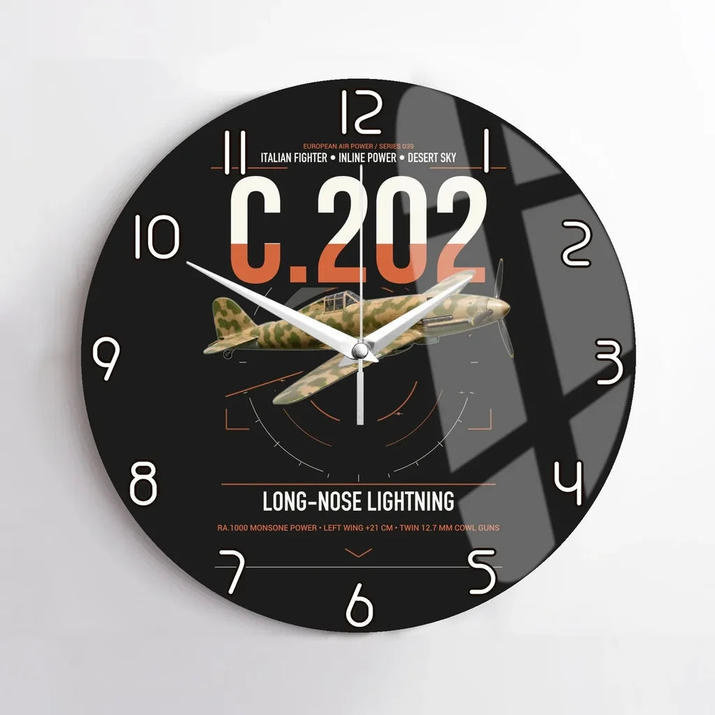 Macchi C.202 Folgore design on black no frame wall clock