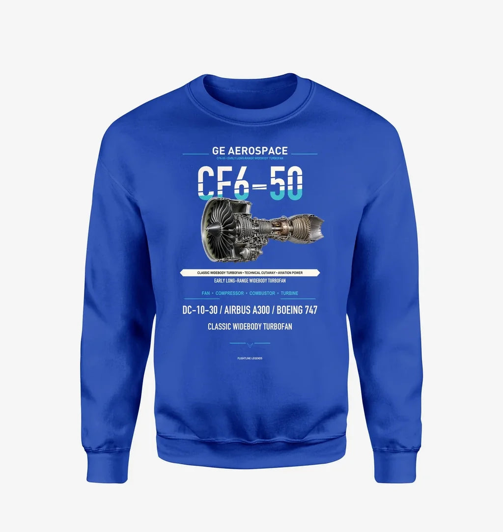 CF6-50 design on blue sweatshirt