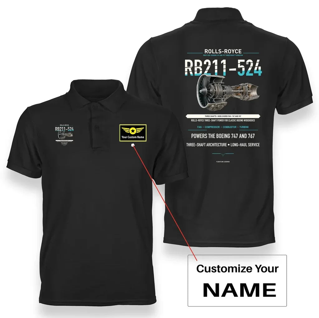 RB211-524 design on black polo with custom name badge