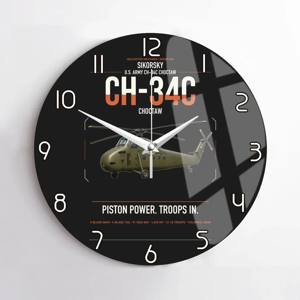 Sikorsky CH-34C Choctaw design on black no frame wall clock