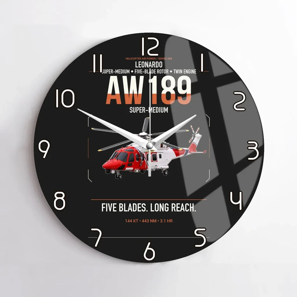 Leonardo AW189 design on black no frame wall clock