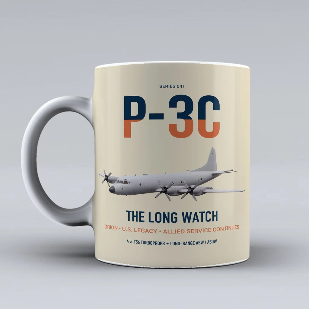 P-3C Orion design on beige ceramic mug, double-side print