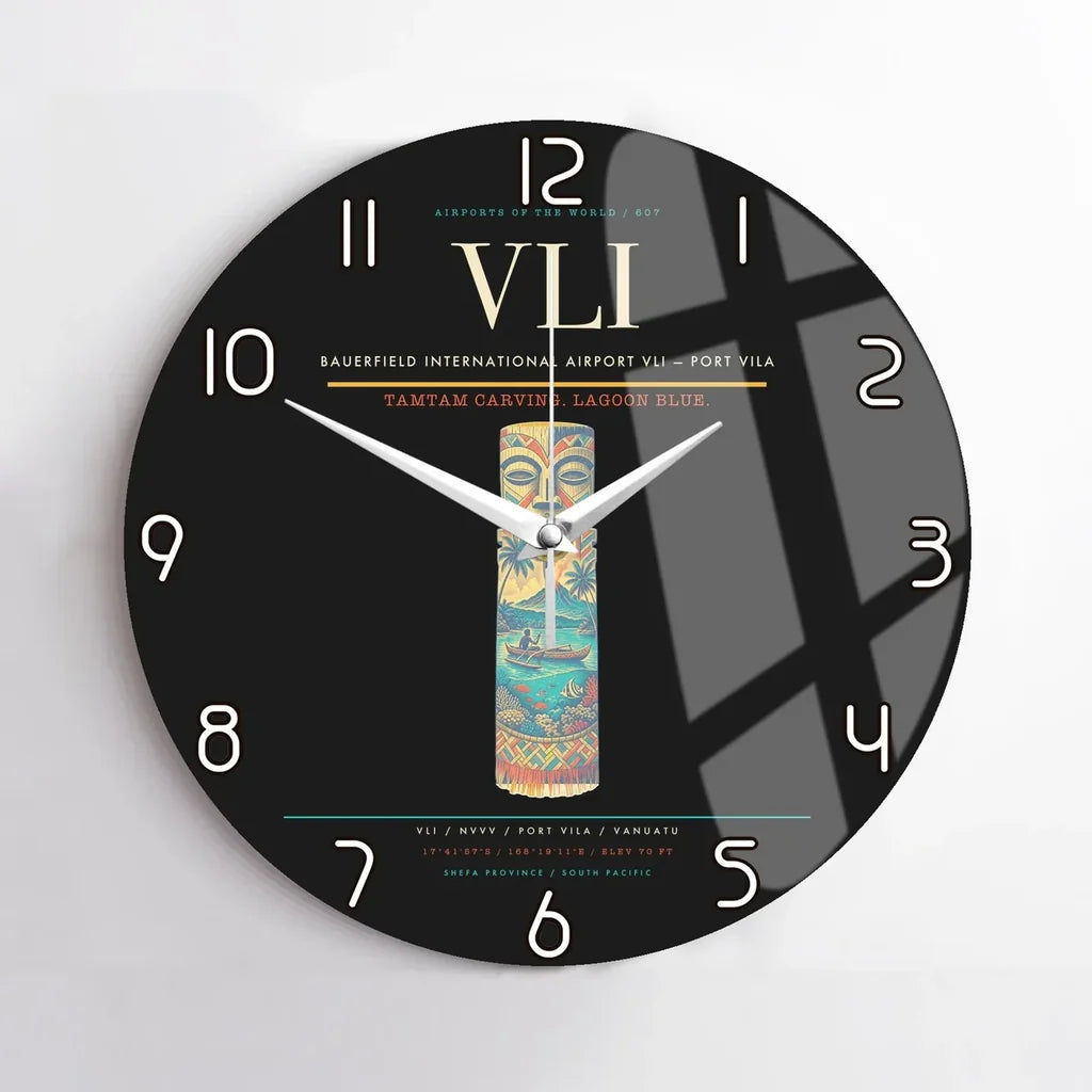 Bauerfield International Airport (VLI) design on black no frame wall clock