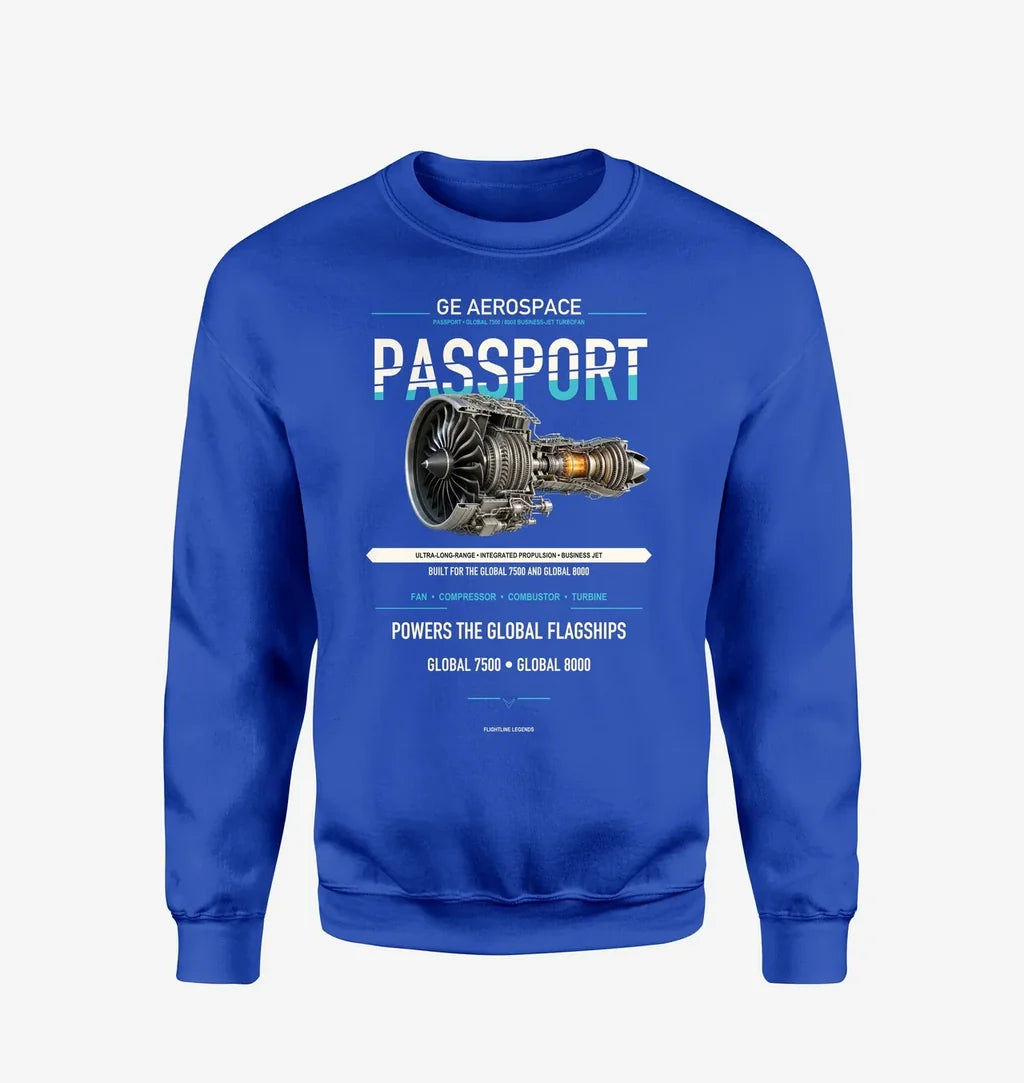 PASSPORT design on blue sweatshirt