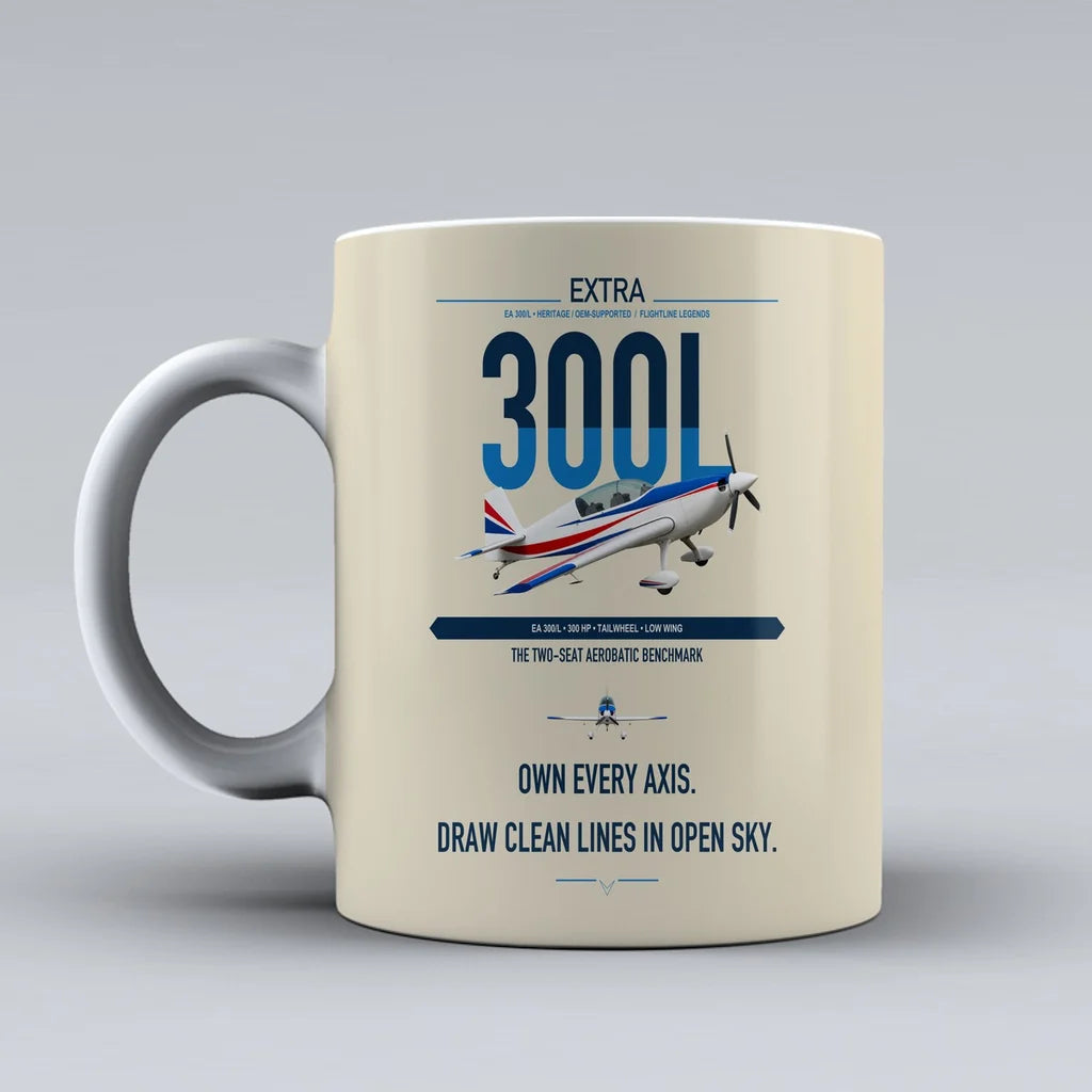 Extra 300L design on beige ceramic mug, double-side print
