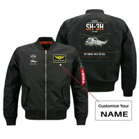Thumbnail for Sikorsky SH-3H Sea King design on black+name bomber jacket, double-side print