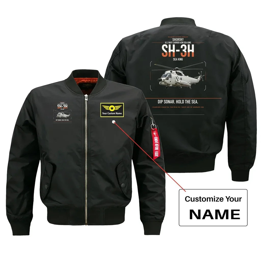 Sikorsky SH-3H Sea King design on black+name bomber jacket, double-side print