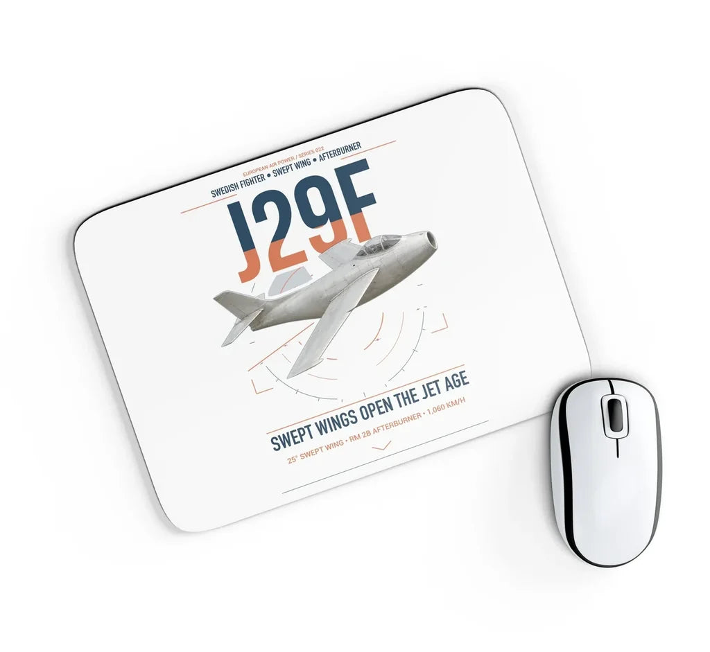 Saab J 29F Tunnan design on white rectangle mouse pad