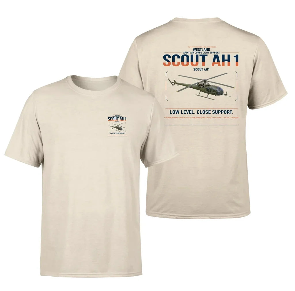 Westland Scout AH1 design on beige t-shirt, double-side print