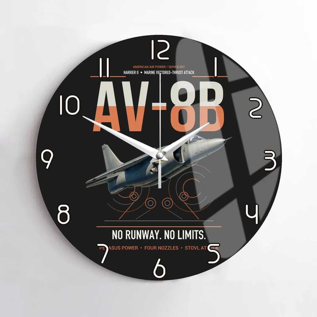 AV-8B Harrier II design on black no frame wall clock