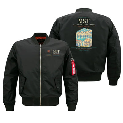 Maastricht Aachen Airport (MST) design on black bomber jacket