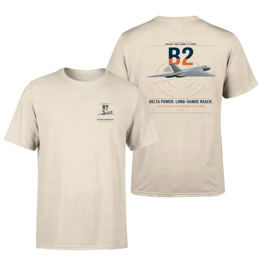 Avro Vulcan B2 design on beige t-shirt, double-side print