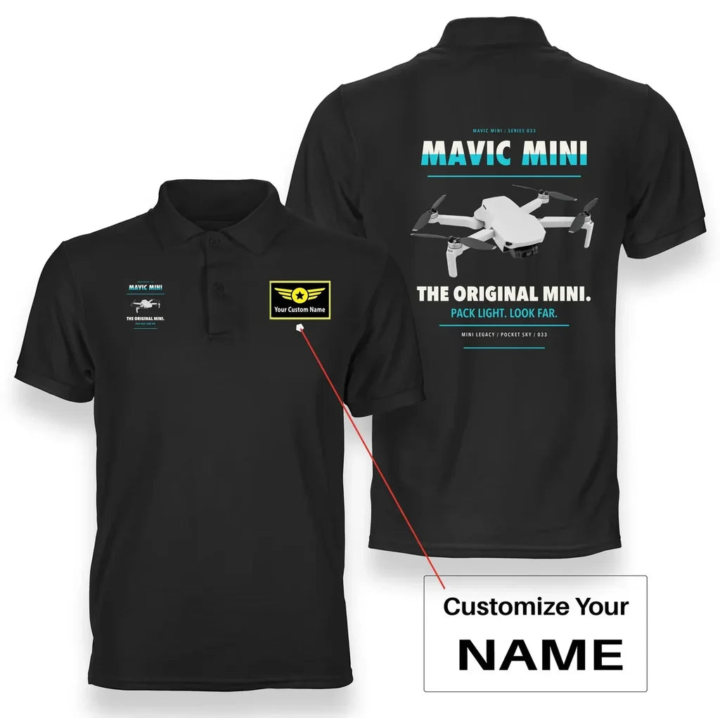 DJI Mavic Mini design on black polo with custom name badge