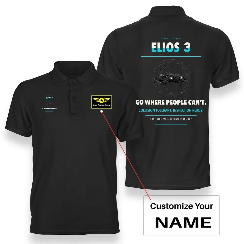 Flyability Elios 3 design on black polo with custom name badge