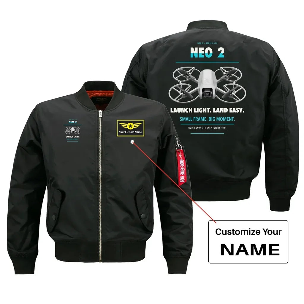 DJI Neo 2 design on black bomber with custom name badge