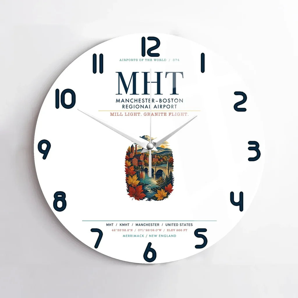 Manchester–Boston Regional Airport (MHT) design on white no frame wall clock
