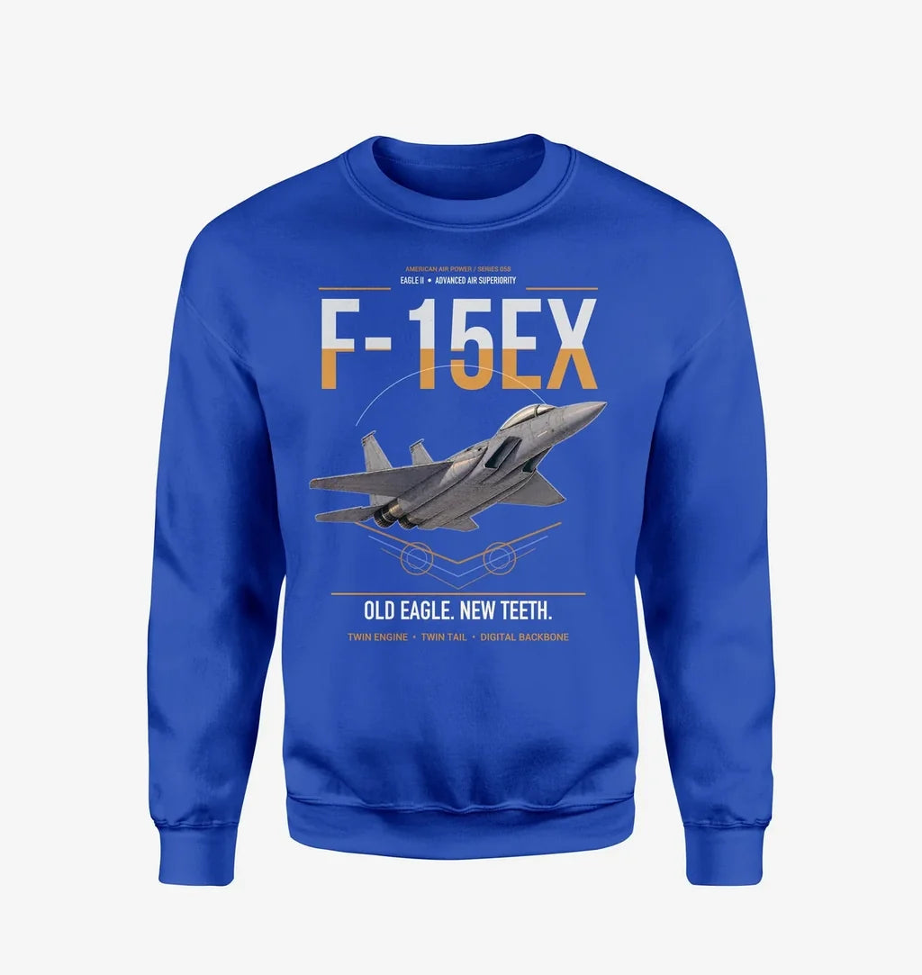 F-15EX Eagle II design on blue sweatshirt