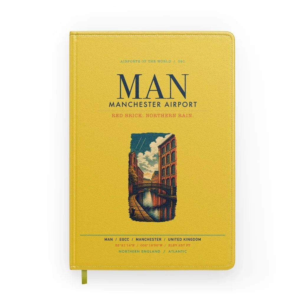 Manchester Airport (MAN) design on yellow notebook