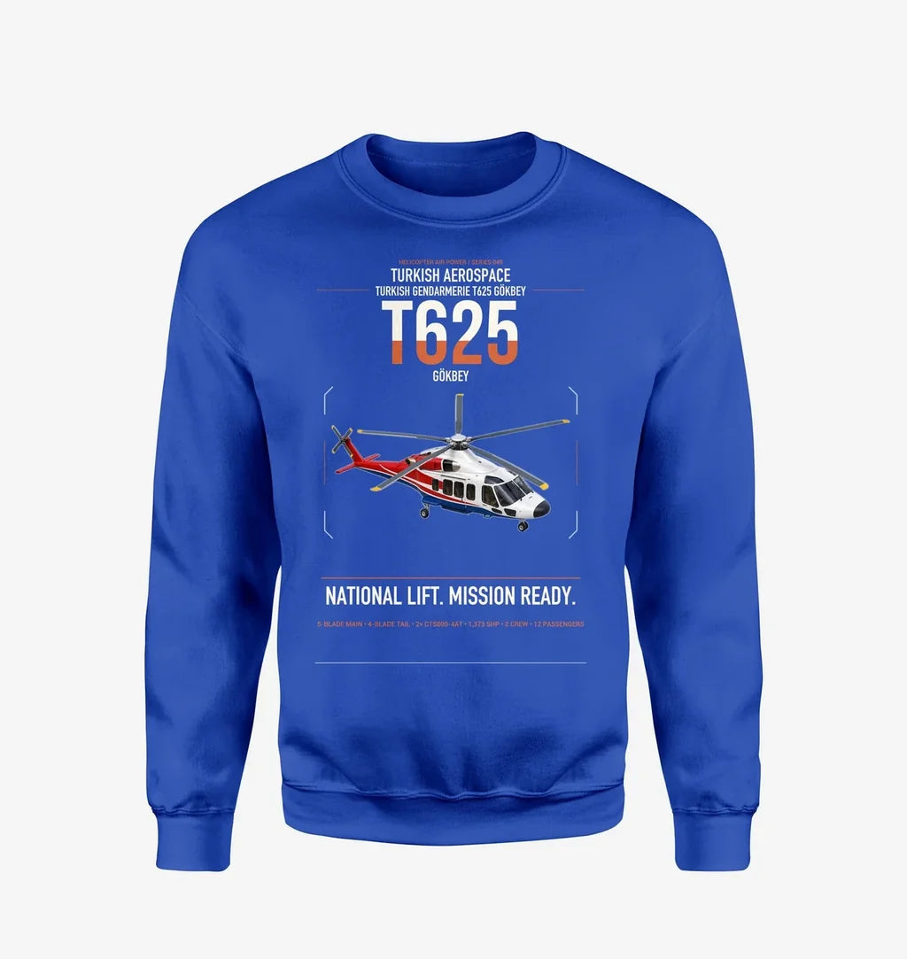 Turkish Aerospace T625 Gökbey design on blue sweatshirt