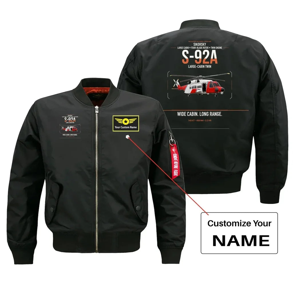 Sikorsky S-92A design on black+name bomber jacket, double-side print