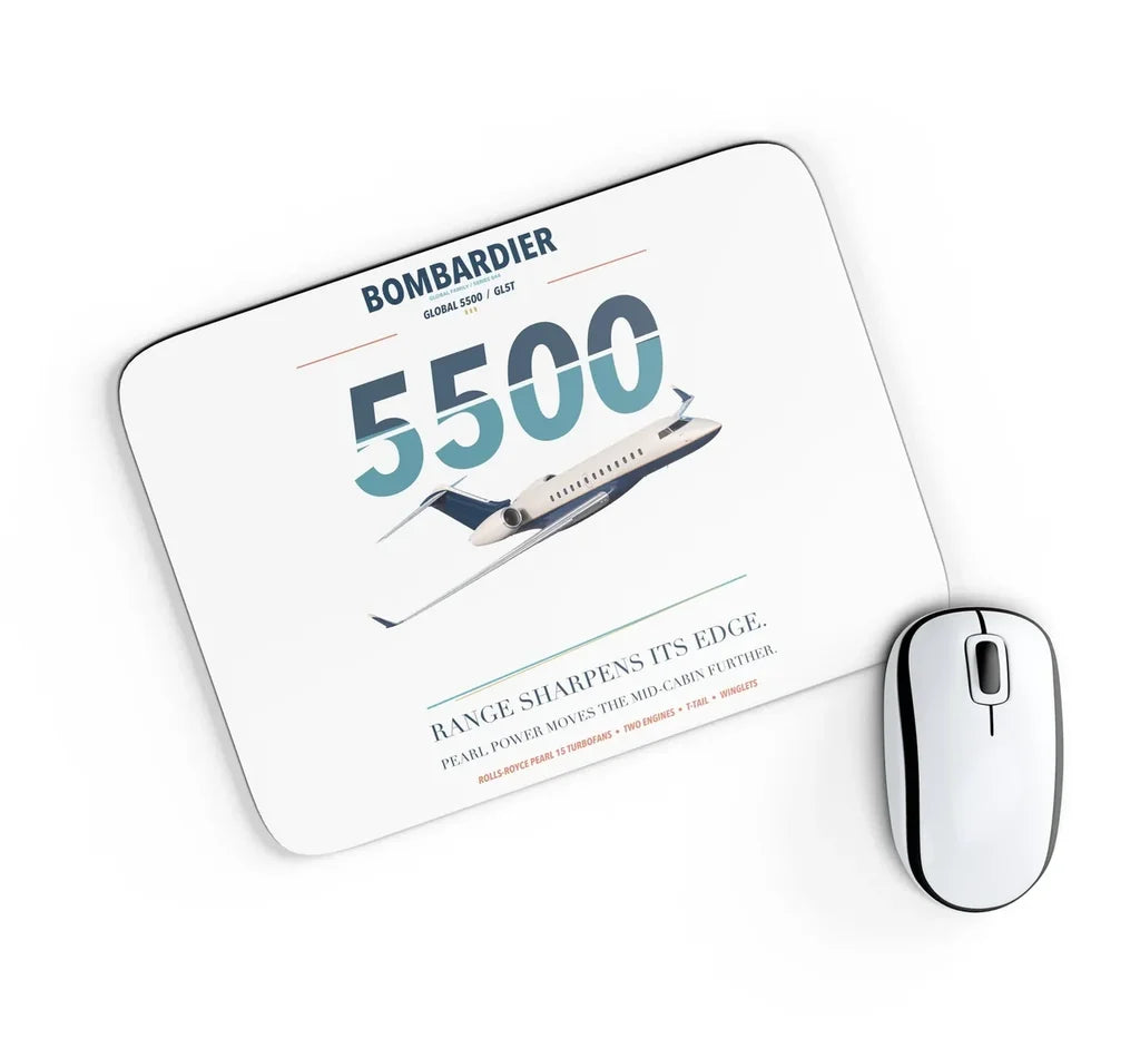 Bombardier Global 5500 design on white rectangle mouse pad