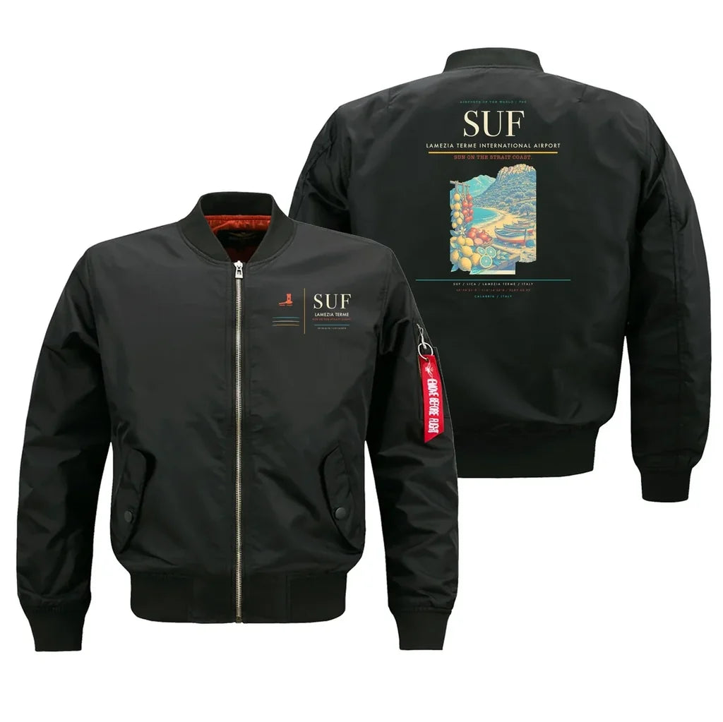 Lamezia Terme International Airport (SUF) design on black bomber jacket