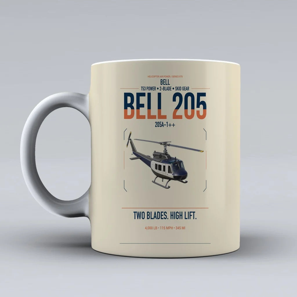 Bell 205A-1++ design on beige ceramic mug, double-side print