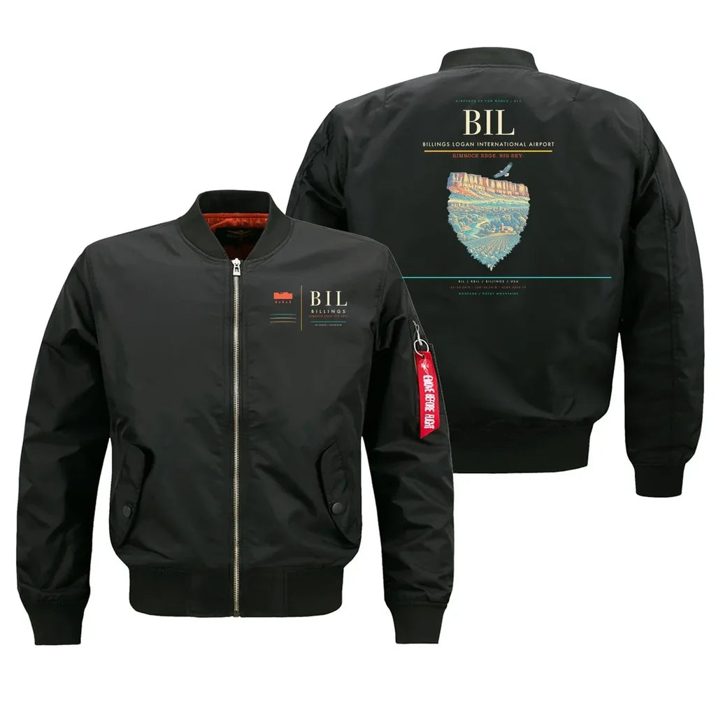Billings Logan International Airport (BIL) design on black bomber jacket