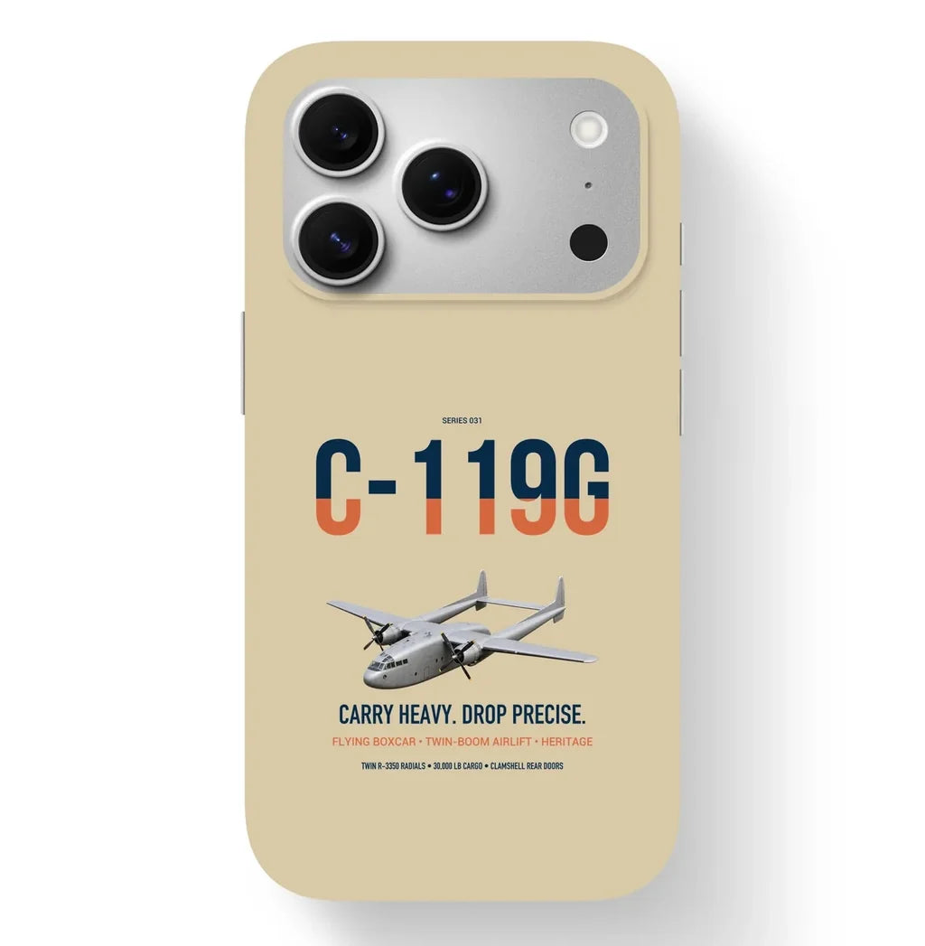 C-119G Flying Boxcar design on beige magsafe iphone case, for iPhone 17 Pro