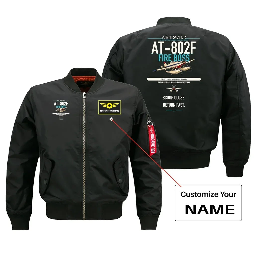 Air Tractor AT-802F Fire Boss design on black+name bomber jacket, double-side print