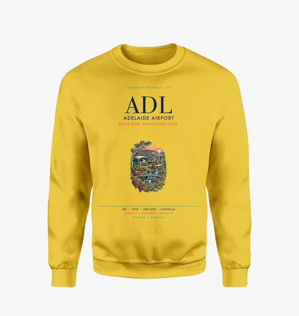Adelaide Airport (ADL) design on yellow sweatshirt