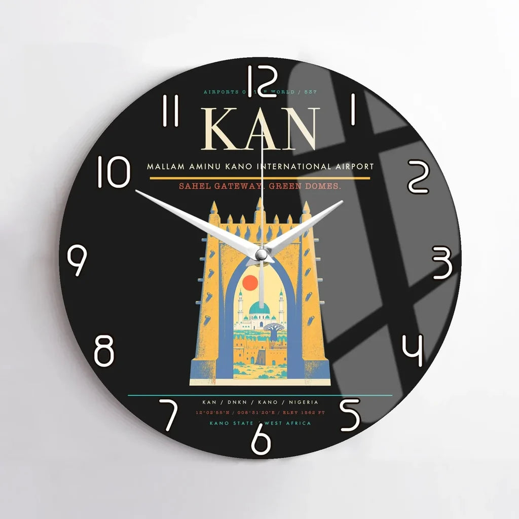 Mallam Aminu Kano International Airport (KAN) design on black no frame wall clock