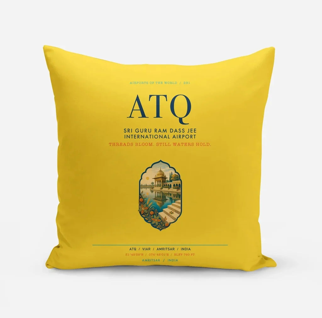 Sri Guru Ram Dass Jee International Airport Amritsar (ATQ) design on yellow pillow