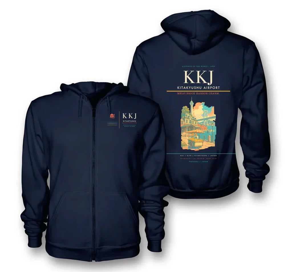 Kitakyushu Airport (KKJ) design on navy blue premium zipped hoodie