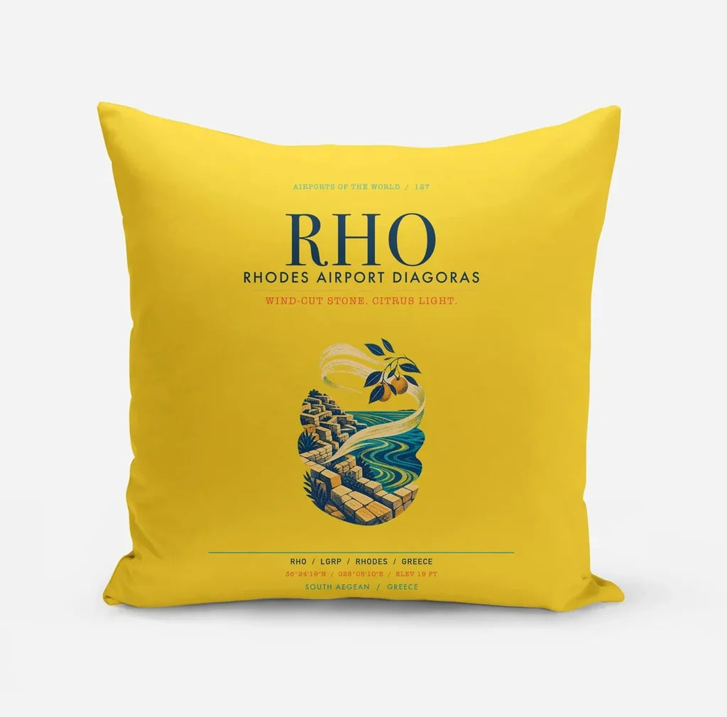 Rhodes Airport Diagoras (RHO) design on yellow pillow