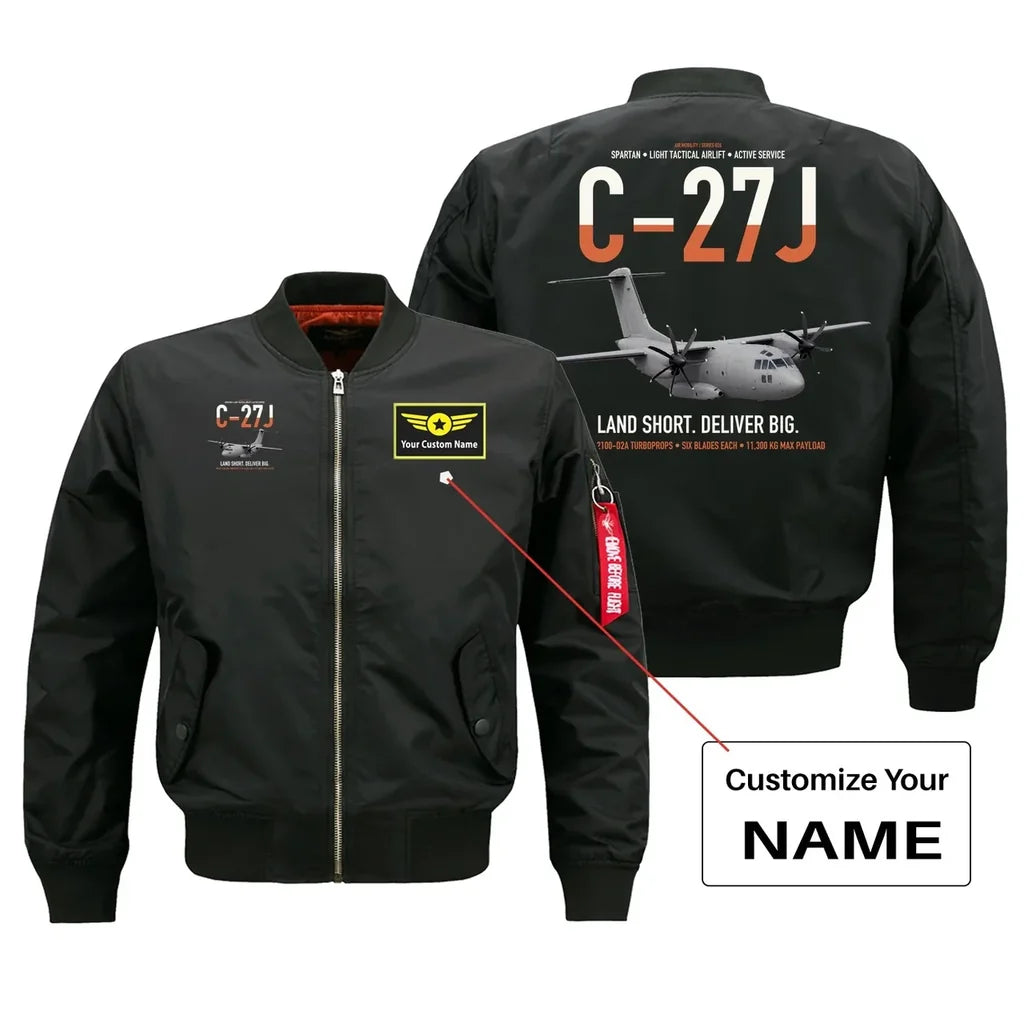 C-27J Spartan design on black+name bomber jacket, double-side print