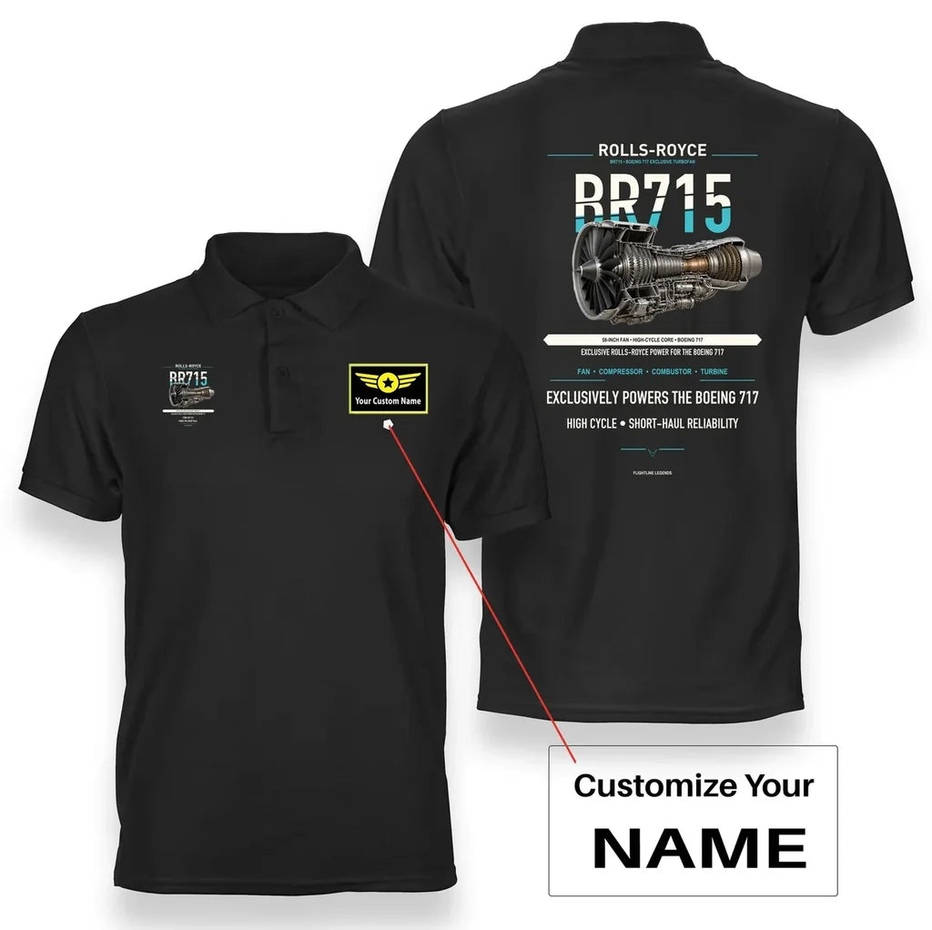 BR715 design on black polo with custom name badge