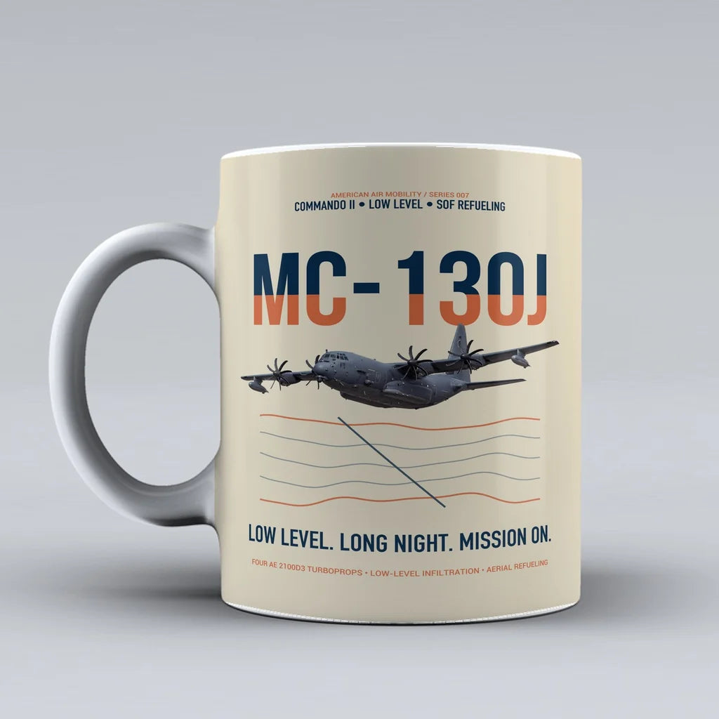 MC-130J COMMANDO II design on beige ceramic mug, double-side print