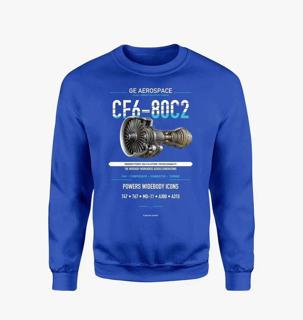 CF6-80C2 design on blue sweatshirt