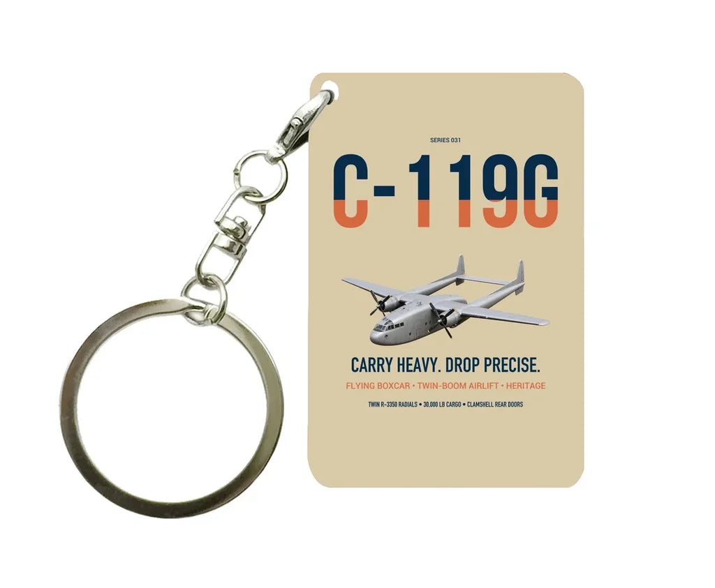 C-119G Flying Boxcar design on beige designed key chain, double-side print