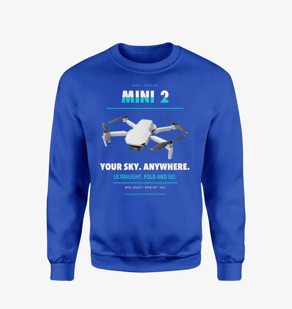 DJI Mini 2 design on blue sweatshirt