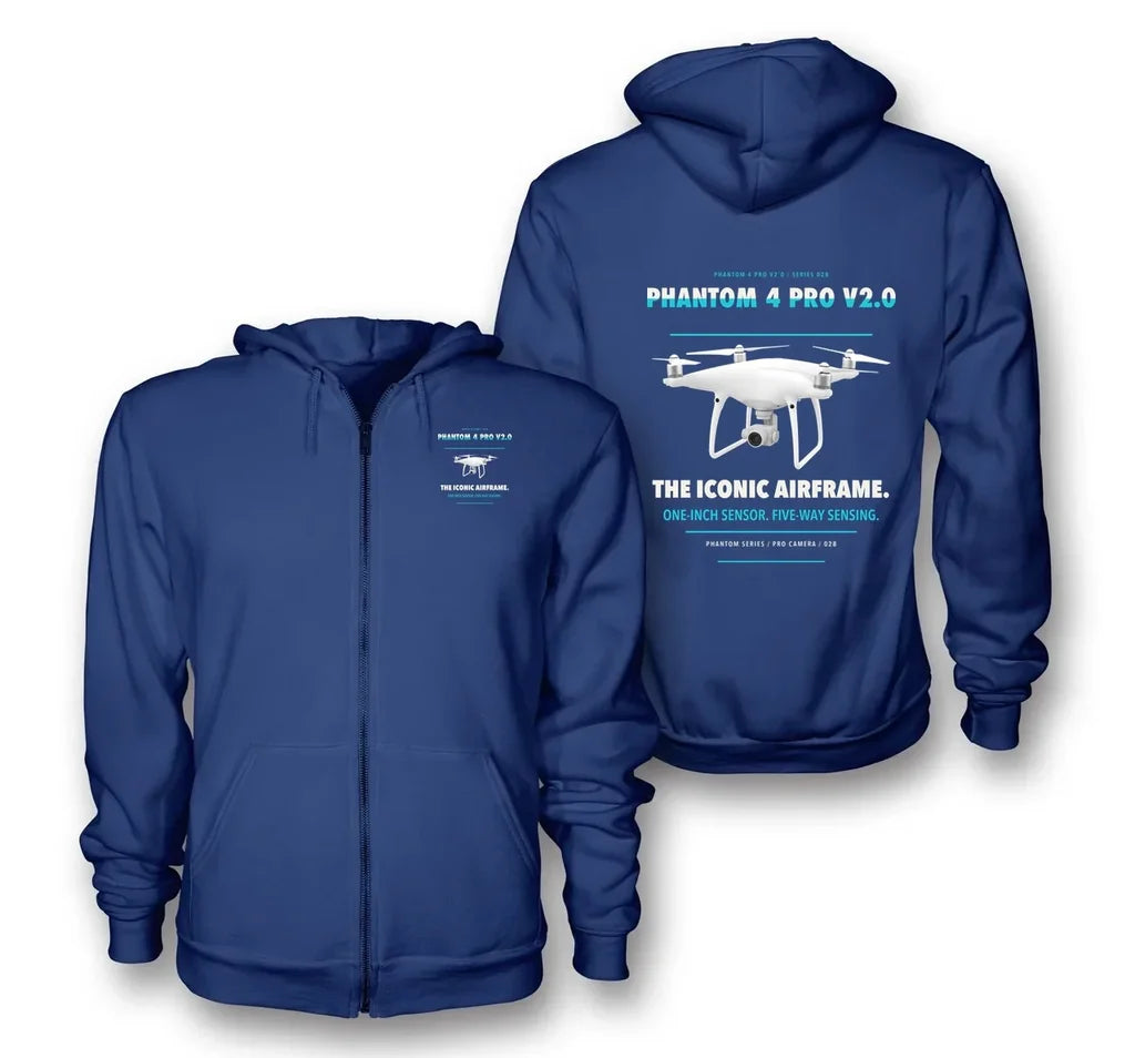 DJI Phantom 4 Pro V2.0 design on blue zipped hoodie