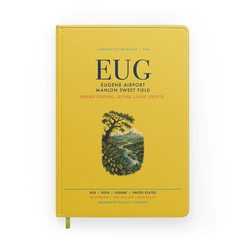 Eugene Airport Mahlon Sweet Field (EUG) design on yellow notebook